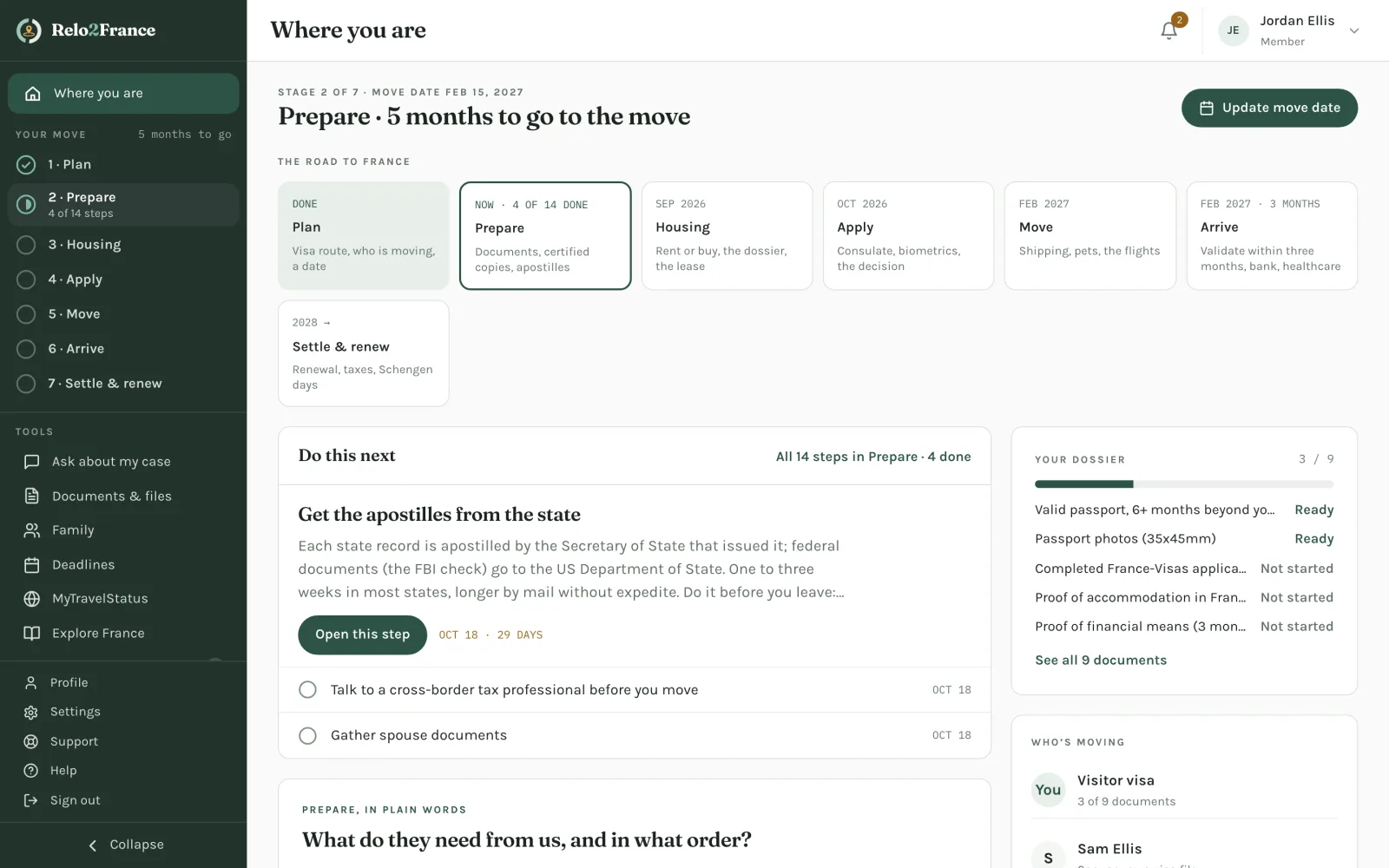 The member portal home: stage 2 of 7, Prepare, five months to the move, the next step to do, and the dossier progress.