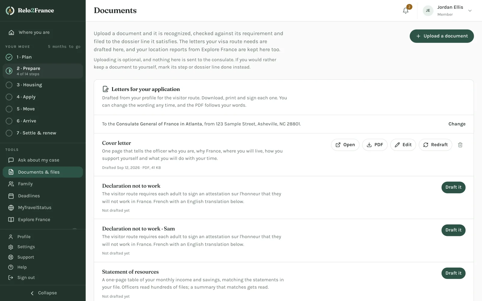 The Documents page with the letters for a visitor-visa application: a drafted cover letter with Open, PDF and Edit buttons, and the other letters ready to draft.