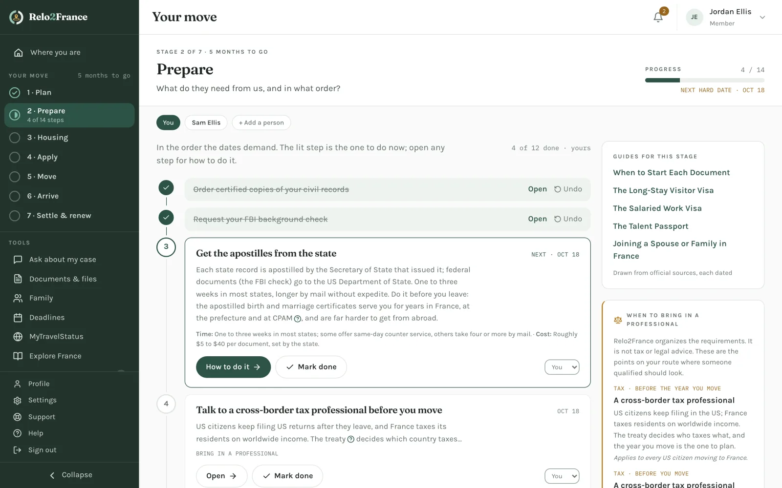 The Prepare stage as a path: two finished steps ticked, the next step lit with its time and cost, later steps dated, and a panel on when to bring in a tax professional.